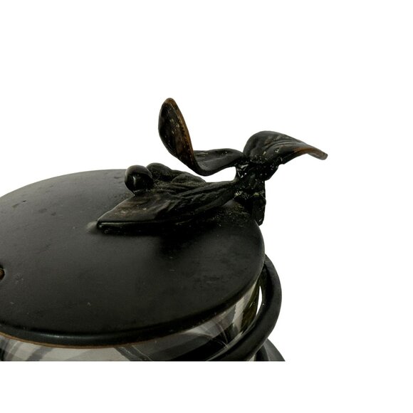 Vintage Metal & Glass Sugar Jam Condiment Jar with Leaf & Berry Lid & Spoon - Picture 10 of 12